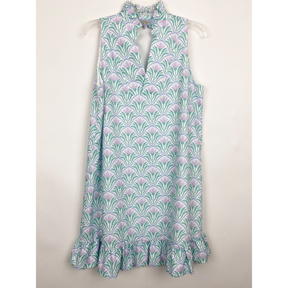 SSYS The Label Ruffle Neck Floral Geometric Shift Dress Women M Purple Green